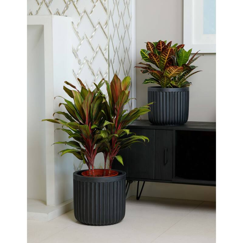Indoor/Outdoor Large 1-Piece Minimalist Fiberstone Lightweight Short Round Planter Pot With Grooves - 16, 13, 11 in Matte Finish