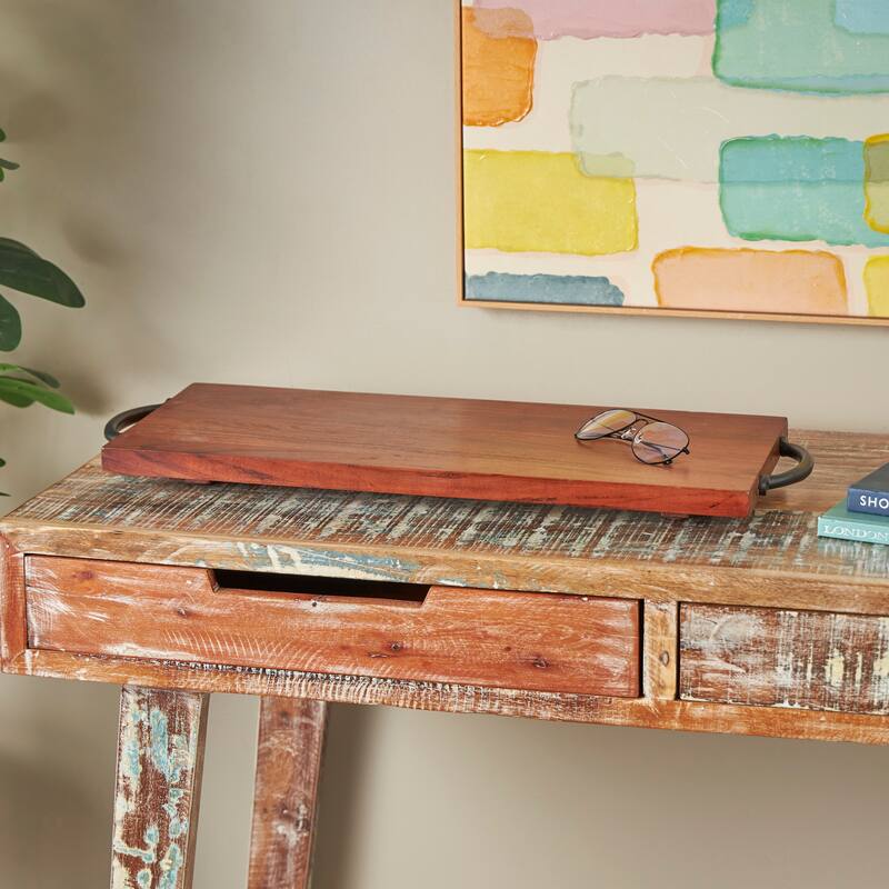 Minimalist Mango Wood Tray with Black Metal Handles - Cream or Brown - Brown