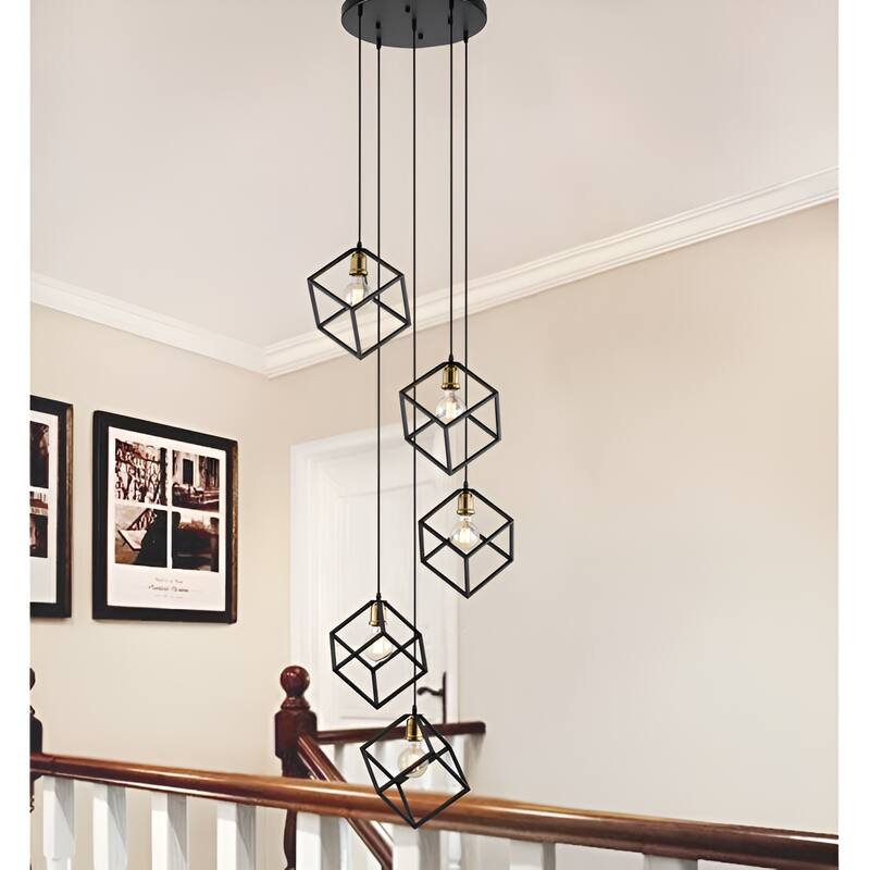 5-Light Chandelier, Geometric Square/Cube Cluster Pendant Lights with Adjustable Height