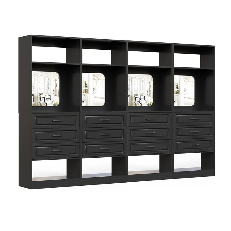Cimly 25'' Freestanding Closet System with Drawers and Mirror, Display Shelves Organizer with Shelving - Black - Set of 4