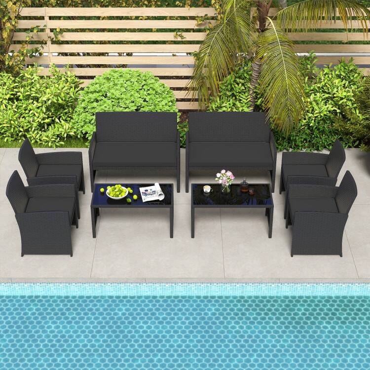 4 Piece Outdoor Patio Furniture Set Black Rattan Loveseat Armchairs and Coffee Table with Cushions