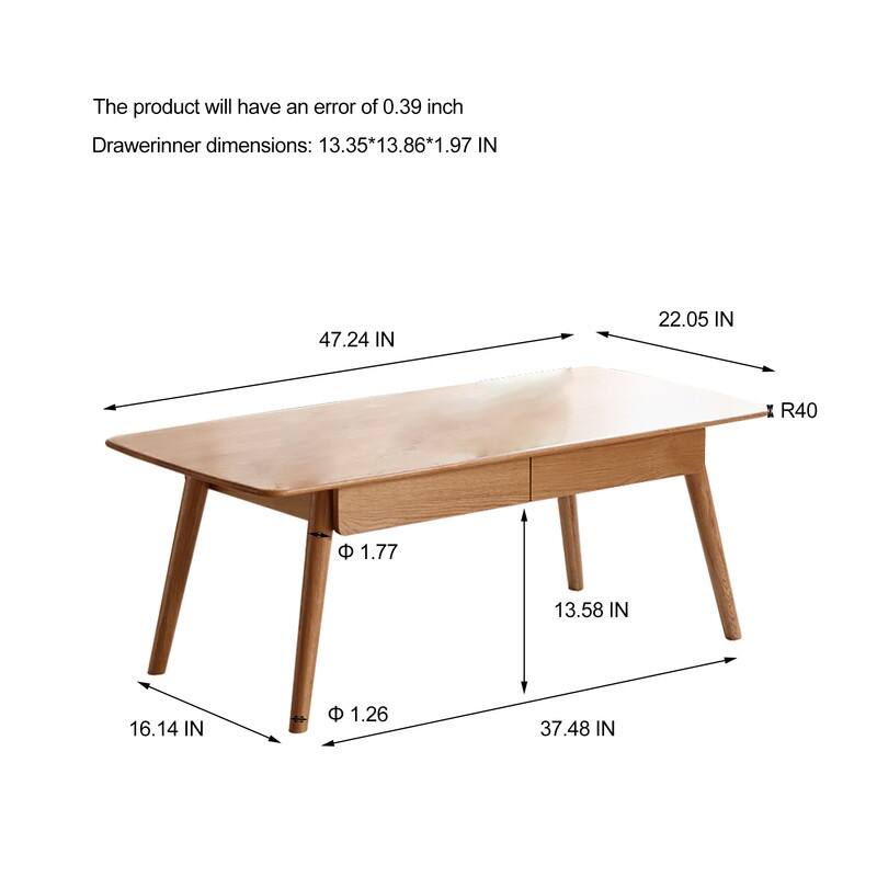Natural Solid Oak Coffee Table with Storage Shelf, Easy Assembly