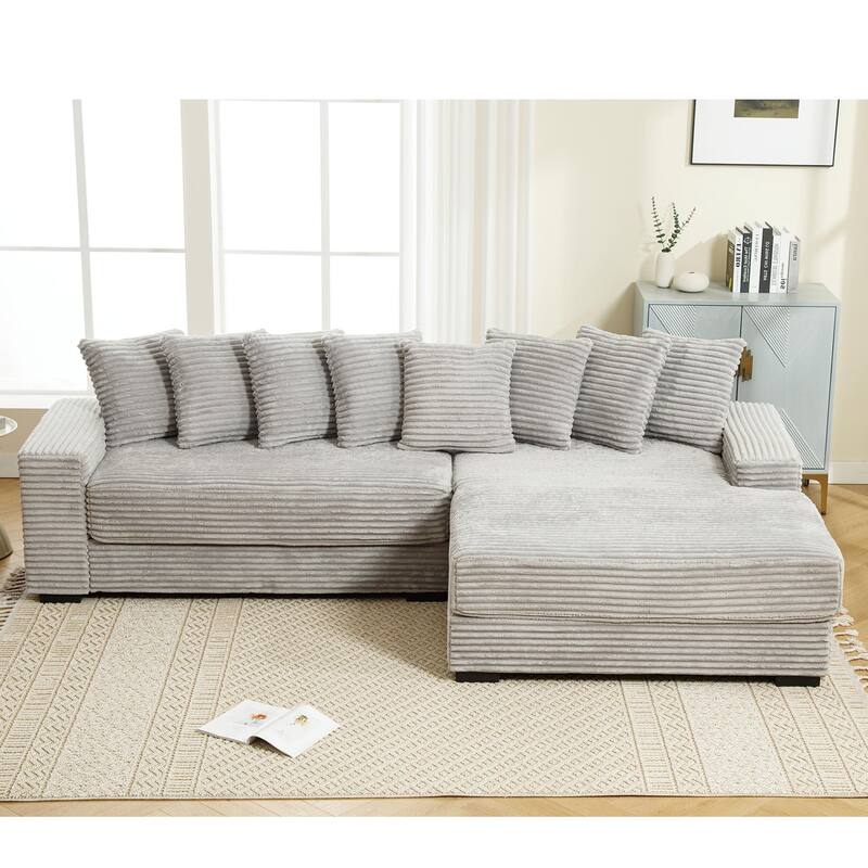 L Shaped Sectional Sleeper Sofa Corduroy Corner Sofa with Chaise Lounge and 8 Throw Pillows, Oversized Modular Daybed