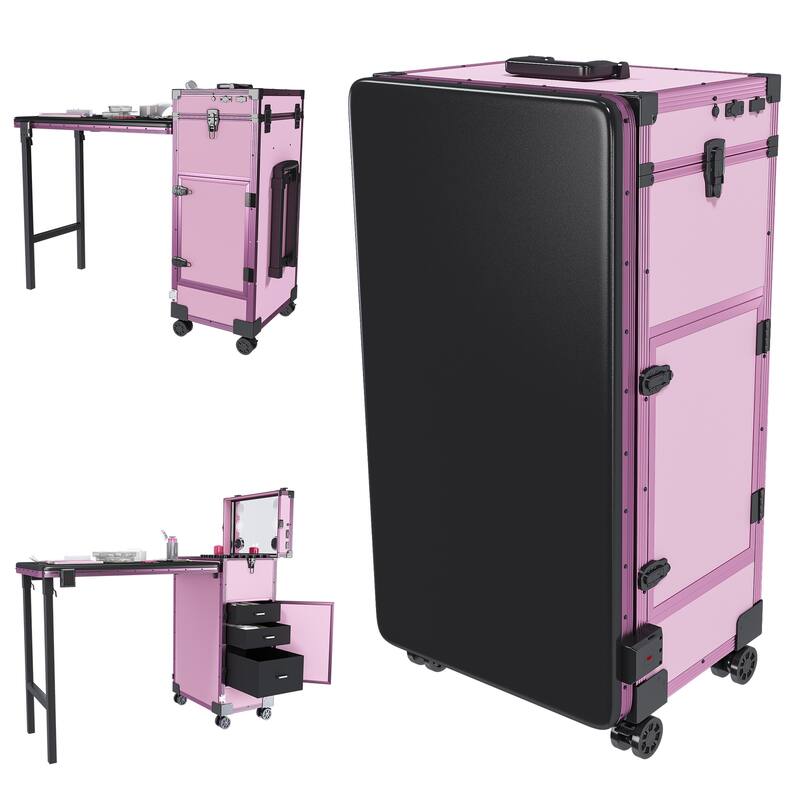Portable Nail Art Table w/ LED Mirror, Bluetooth, Lockable Drawers, Telescopic Pole - Folding Manicure Station for Salons