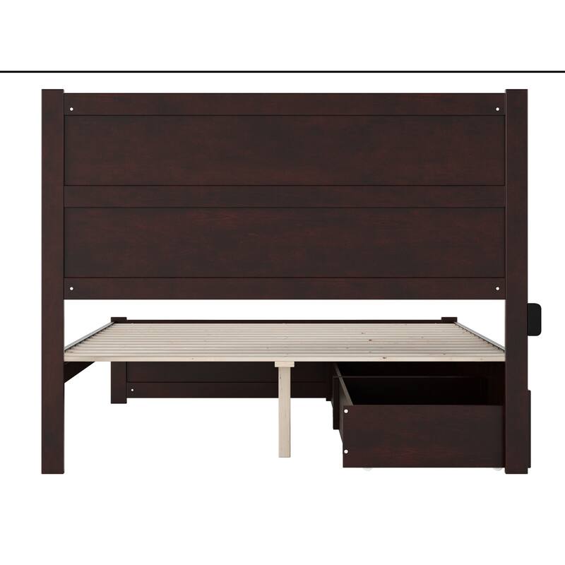 Medieval Queen Bed with Drawers & Charging Station - Solid Wood Platform Bed Frame - Espresso Finish