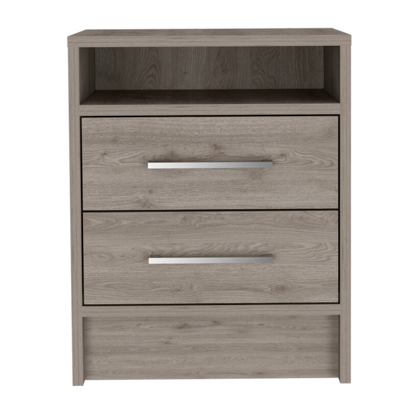 Light Grey Rectangle Nightstand with Two Drawers and Open Shelf
