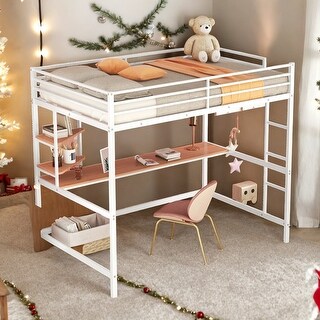 Full Metal Loft Bed with Desk, Shelve, Ladder and Guardrail, White