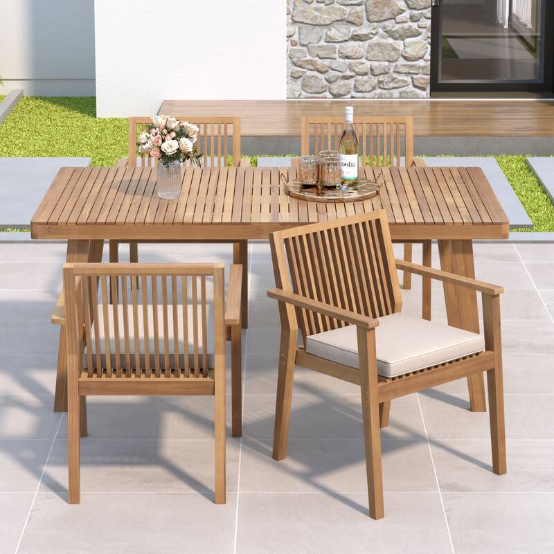 Roomfitters Patio Dining Chairs, Acacia Wood Armchairs with Cushions, Outdoor Seating in Brown - Beige,Brown; Wood Table with 4 Cushioned Chairs