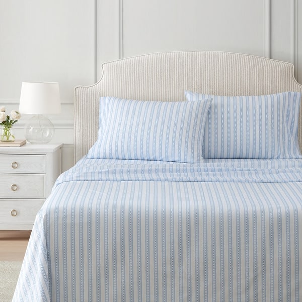 Martha Stewart Printed Cotton Percale Sheet Set - Francesca Stripe Blue - King