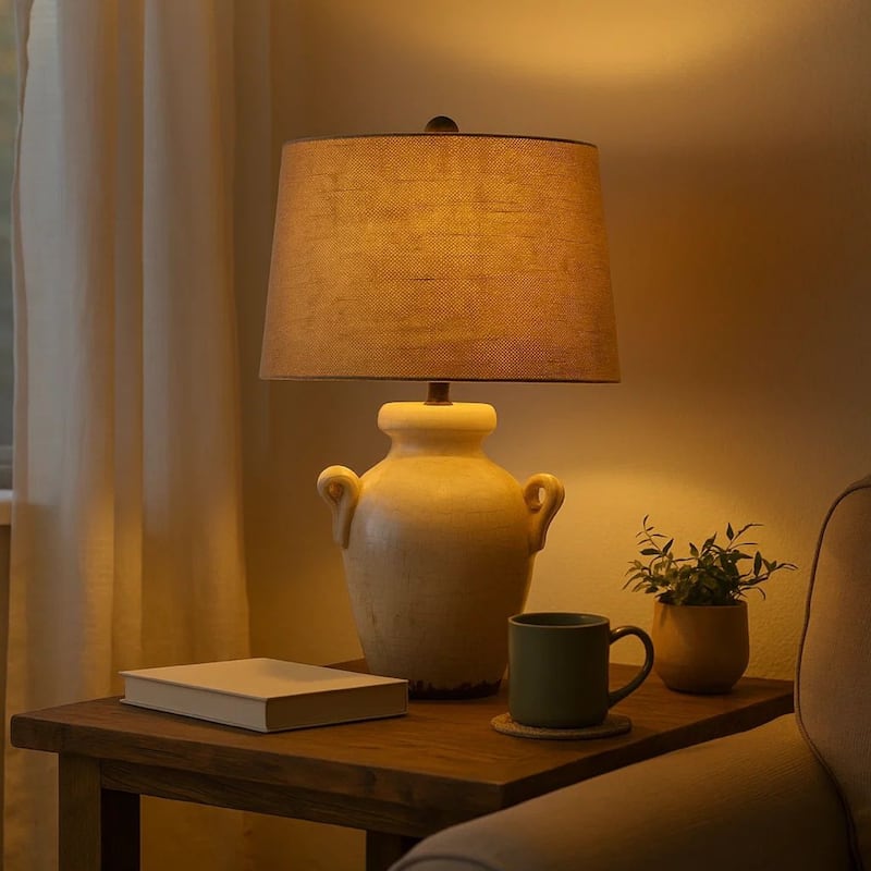 Ceramic Table Lamp with Vase Shaped Body and Fabric Shade, White and Beige