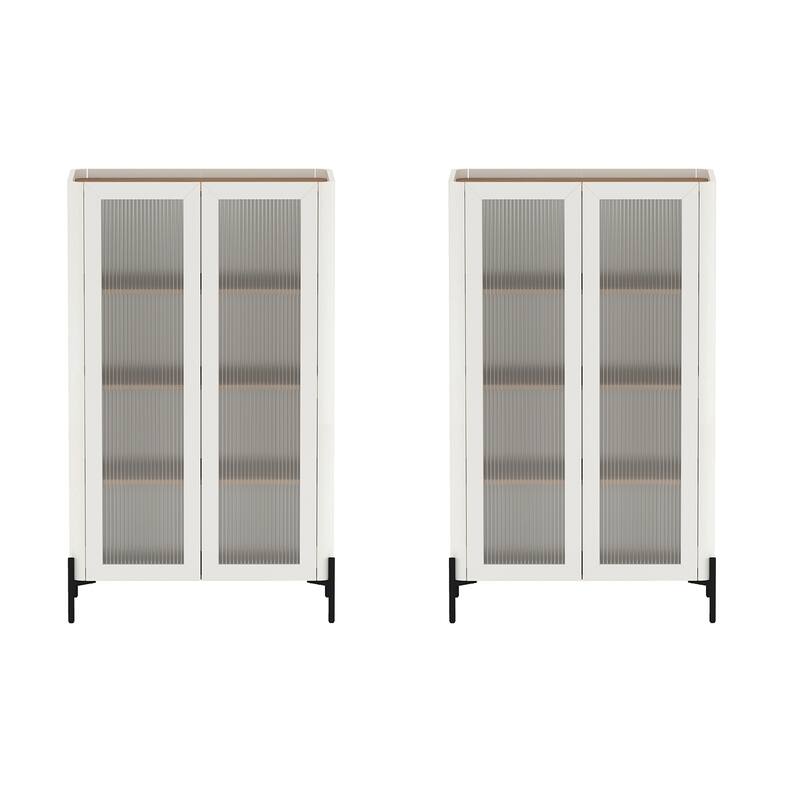 Manhattan Comfort Modern Abbey Décor Ribbed Tempered Glass Cabinet with Adjustable Shelves in White