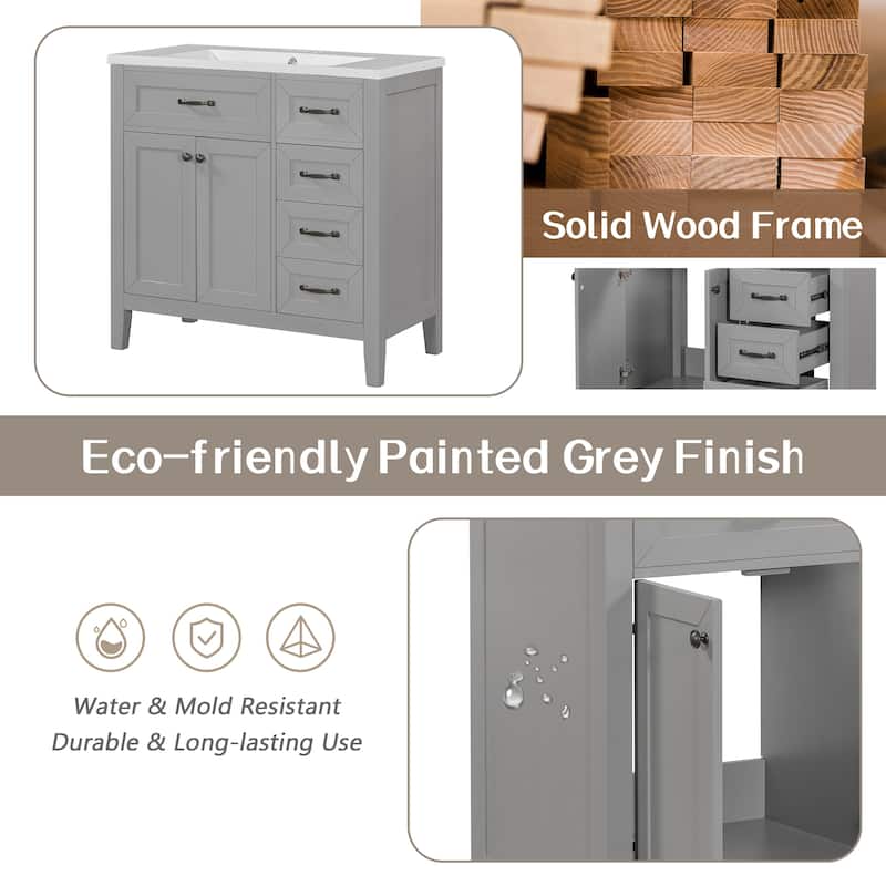 36" Bathroom Vanity w/ Sink, Lager Cabinet, 3 Drawers & Metal Handles