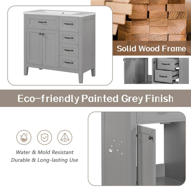 36" Bathroom Vanity with Sink Combo, Gray Bathroom Cabinet with Drawers, Solid Frame and MDF Board