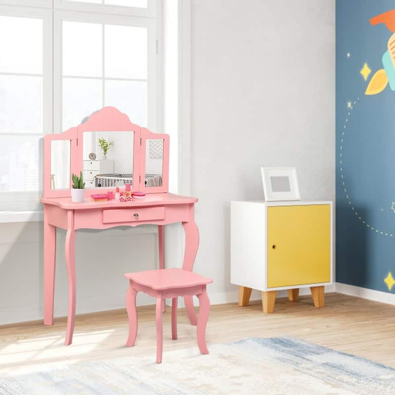 Kids Makeup Dressing Mirror Vanity Table Stool Set - 27.5" x 13.5" x 41" (L x W x H)