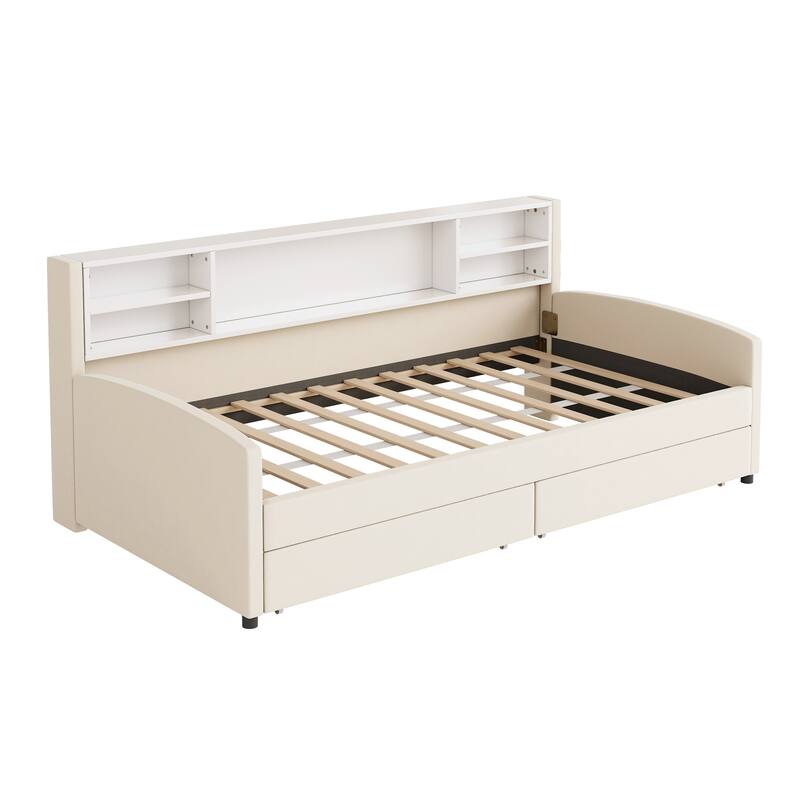 Twin Velvet Upholstered Bed Frame with Storage Drawers and Built-In Shelf, Platform Design with Plush Headboard