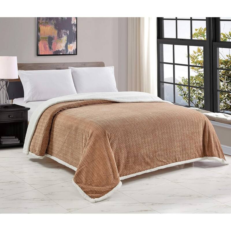 Décor&More HomeEssentials Extra Heavy and Plush Chevron Braided Queen Size Microplush Blanket with Sherpa Backing 90x90 - Mocha - Queen