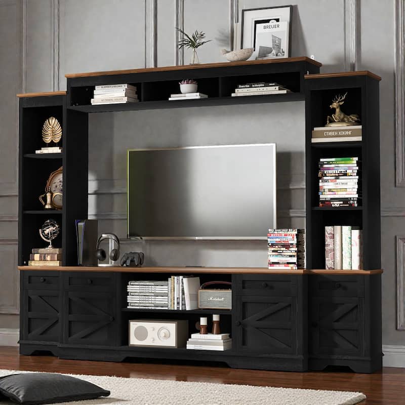 98.7" Farmhouse Wall Unit Entertainment Center with Barn Doors, TV Stand with Storage for TVs up to 75" - Black Brown