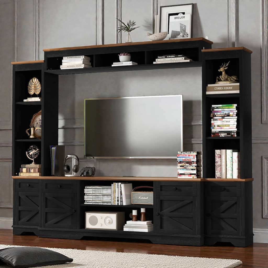 98.7" Farmhouse Wall Unit Entertainment Center with Barn Doors, TV Stand with Storage for TVs up to 75"