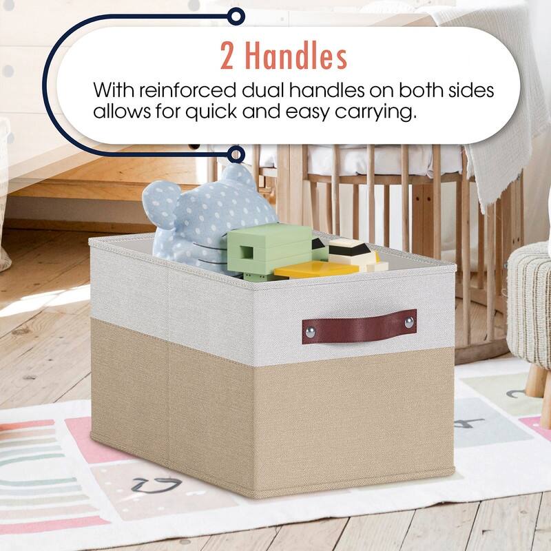3 Pack Collapsible Shelf Basket Rectangle Storage Bins with Faux Leather Handles