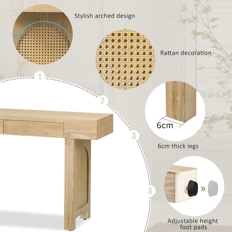 Rattan Accent Console Table with Two Drawers Natural Wood Veneer Bohemian Entryway Living Room Hallway Furniture