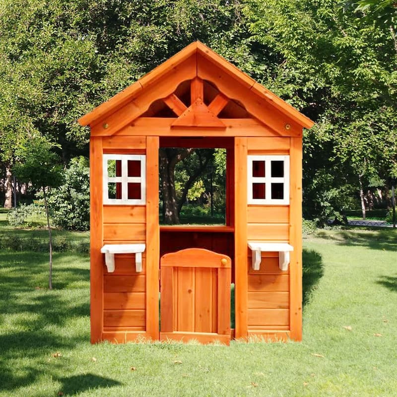 All Wooden Kids Playhouse with 2 Windows and Flower Pot Holder