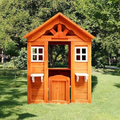 All Wooden Kids Playhouse with 2 Windows and Flower Pot Holder