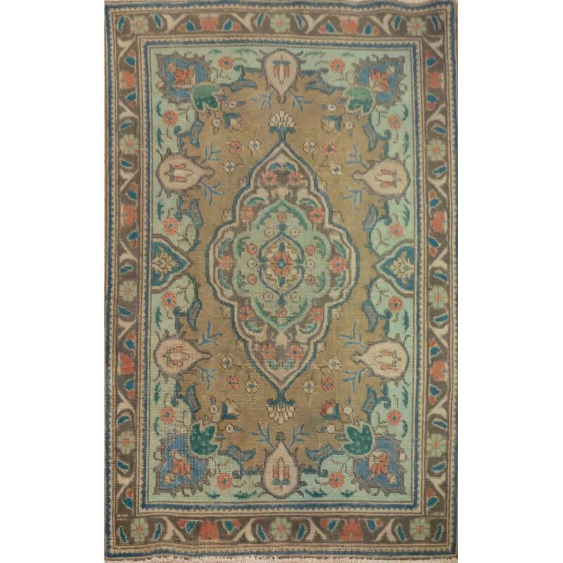 Hand Knotted Oriental 100% Wool Carpet Traditional Floral Brown Tabriz Area Rug - 4' 10'' X 3' 3''