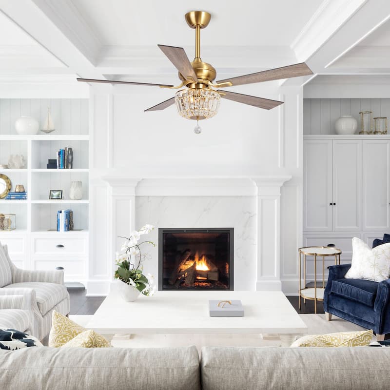 52-inch Brush Gold Wood 5-Blade Crystal LED Ceiling Fan with Remote