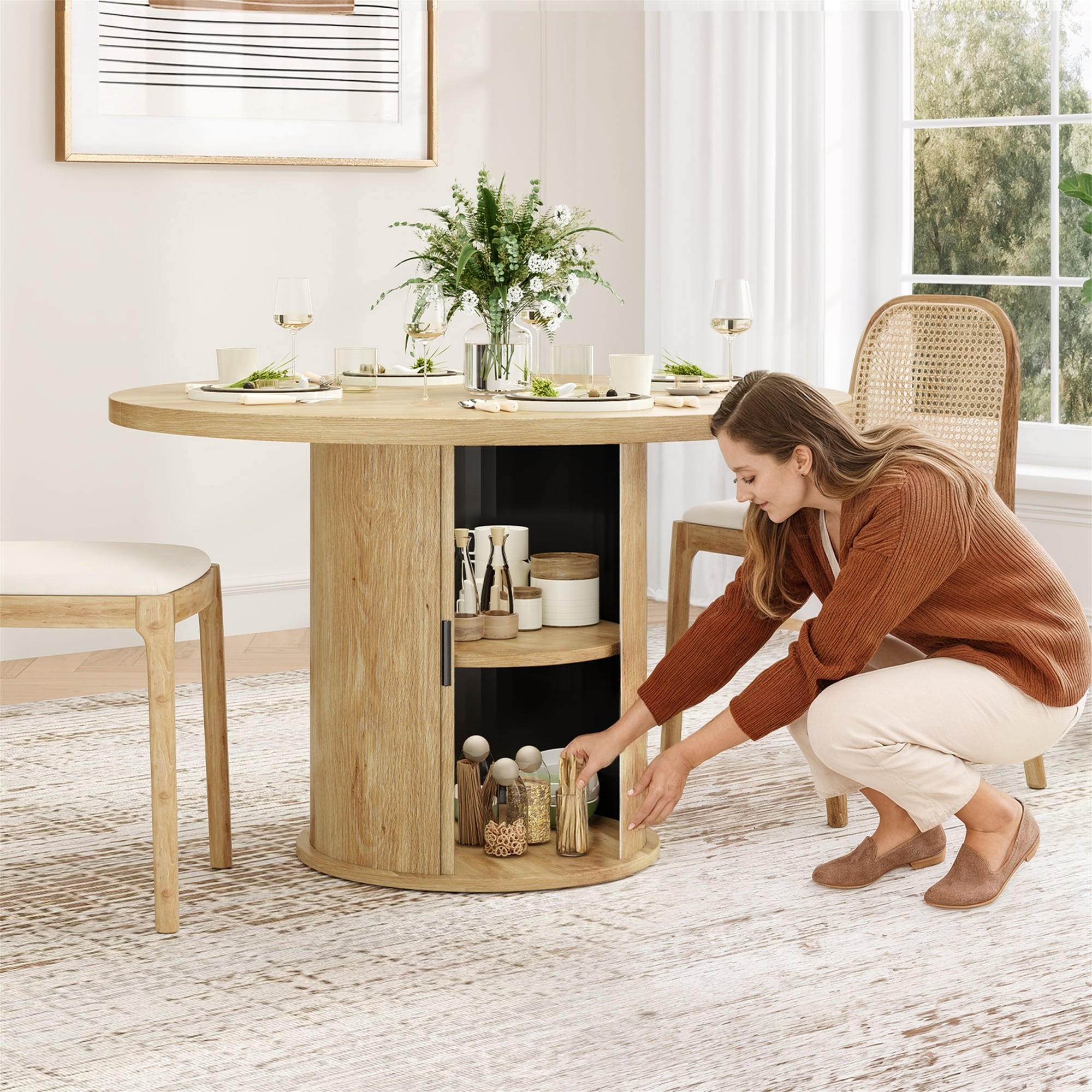 43" Round Wood Top Dining Table for 4 with Sturdy Metal Base