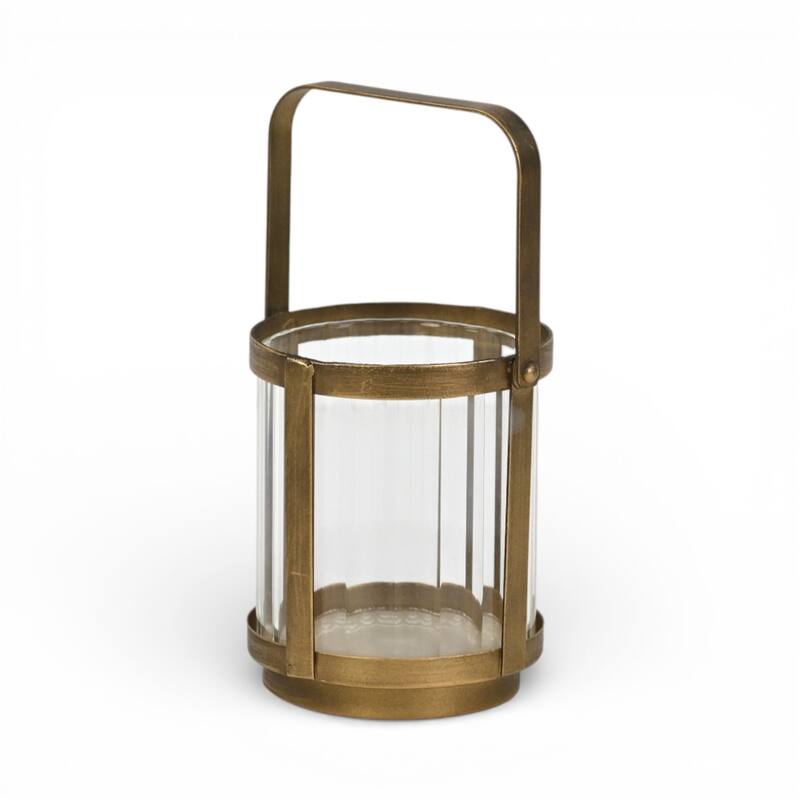 Vortial Fluted Glass Candle Lantern with Gold Metal Frame