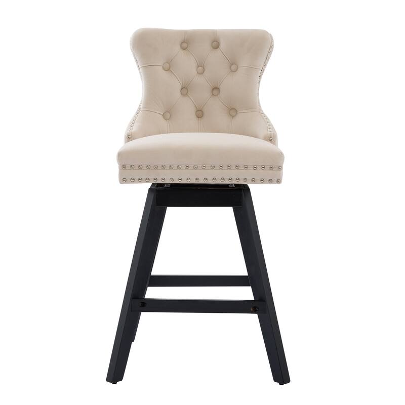 Swivel Bar Stools Set of 2, Velvet Counter Height Barstools with Wooden Legs, Kitchen Island Chairs with Button Backrest