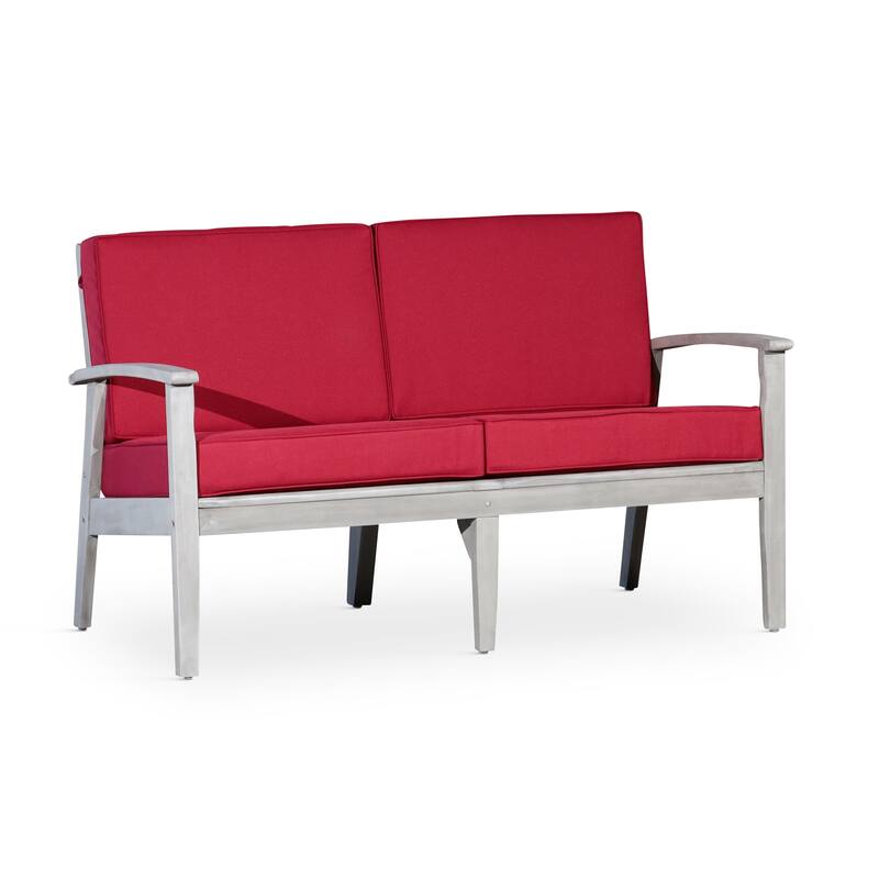 DTY Outdoor Living Longs Peak Eucalyptus Loveseat with Cushions - Silver Gray/ Burgundy