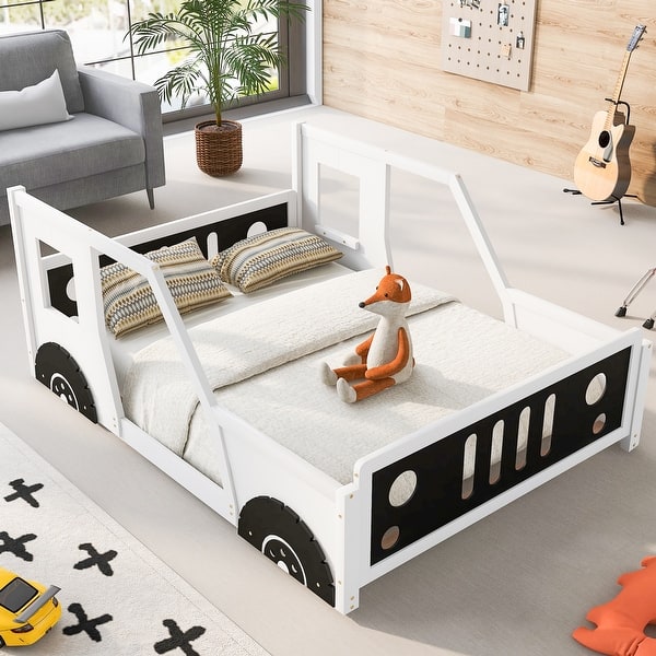 slide 2 of 8, White Twin Size Pine Wood Car-Shaped Platform Bed with Doors, Windows, and Decorative Wheels Full - White