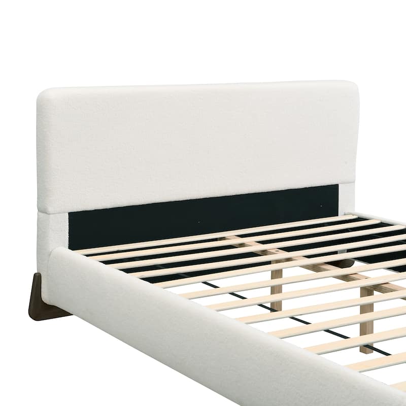 Queen / King Elegant Upholstered Bed with Dark Brown Solid Wood Legs Boucle Fabric