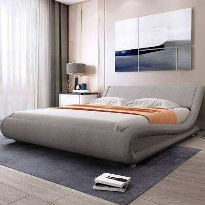 Queen Size Bed Frame with Curved Adjustable Headboard, Grey