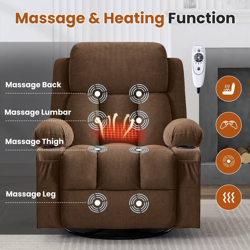 Swivel Rocker Recliner Chair with Vibration Massage & Heat, USB Port & Cup Holders for Living Room