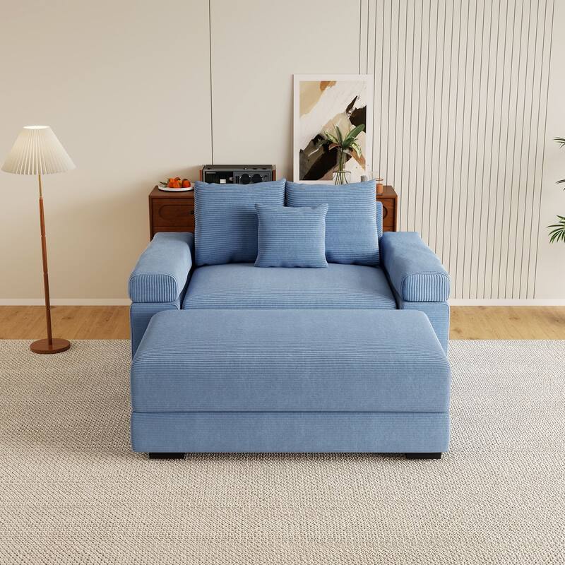 Rossetta Modern 54.3" Oversized Soft Cloud Corduroy Upholstery Extra-Thick Armrests Couch with Throw Pillows, 1 Movable Ottoman - Blue