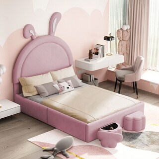 Full size Rabbit-Shape Velvet Platform Bed with 2 Storage Stools