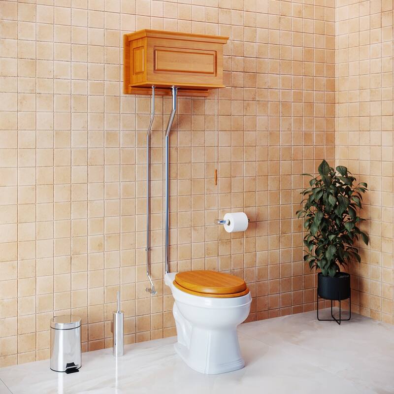 High Tank Toilet - Light Oak Wooden Raised Tank, Satin L Pipes and Round White Bowl Renovators Supply