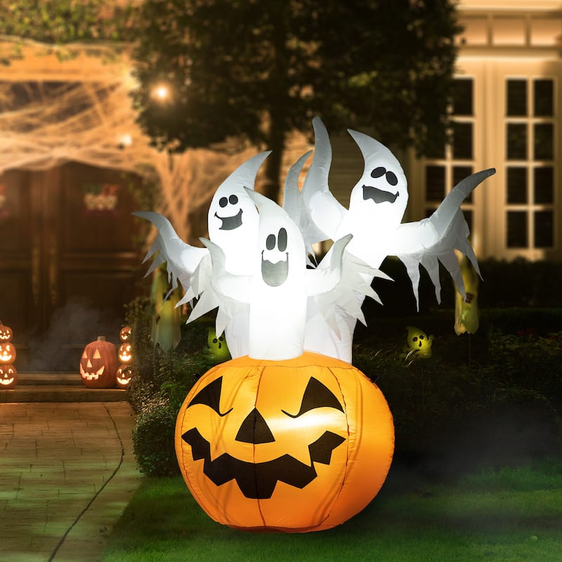 Glitzhome 6FT Lighted 3 Screaming Ghosts In Pumpkin Inflatable Decor