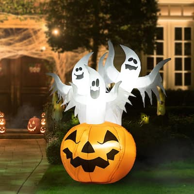 Glitzhome 6FT Lighted 3 Screaming Ghosts In Pumpkin Inflatable Decor