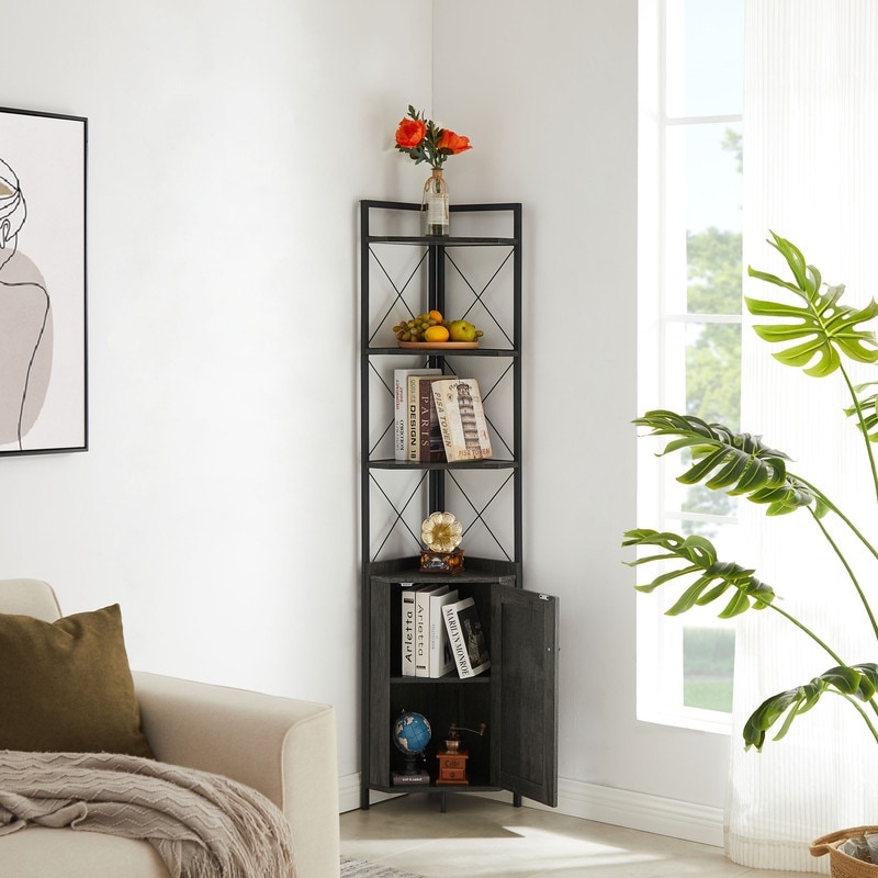 5-Tier Corner Bookshelf 66.7" Tall With 2 Fluted Doors - Wood Color Freestanding Display Shelf For Living Room, Office