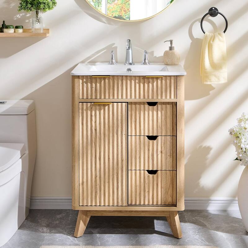 24" Fluted Bathroom Vanity with Ceramic Sink, Modern Bathroom Cabinet