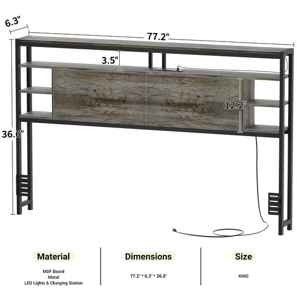 dimension image slide 0 of 11, Headboards with Storage Shelves, Head Board with Power Outlet and LED Light for Bed Frame