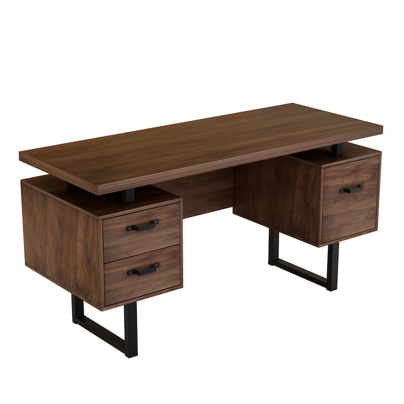 Roomfitters Home Office Desk with Drawers, 59" Writing Table with Hanging File Storage, Study Workstation, Walnut