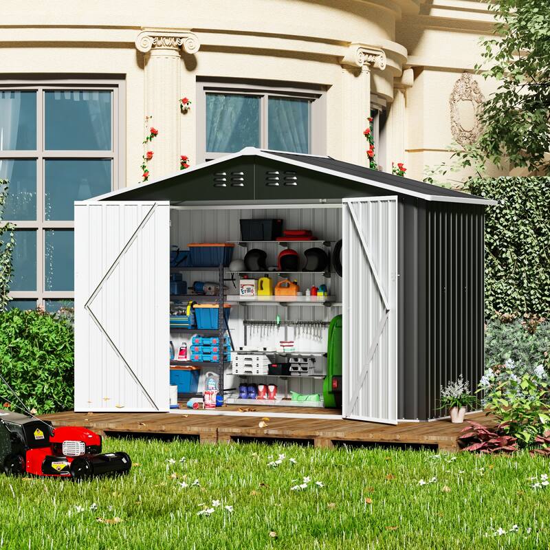 4.1 x 9.2 Ft. Outdoor Storage Shed, Garden Backyard Tool Shed with Lockable Doors, Vents, All-Weather Metal House - Grey