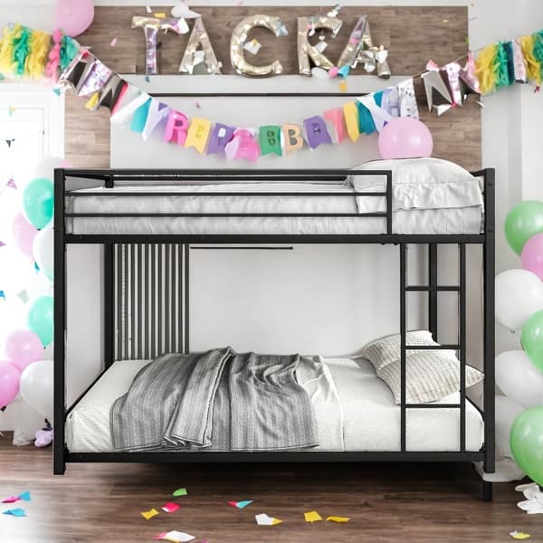 slide 2 of 8, Full Over Full Metal Bunk Bed Frame With Safety Guard Rails,Easy Assembly Black Black