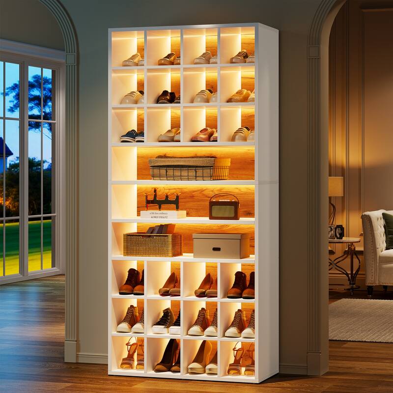 Tall Shoe Cabinet with LED Lighting, 9-Tier 24-32 Pairs Freestanding Shoes Storage Cabinet