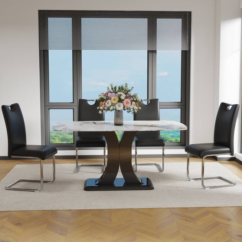 Modern Dining Table Set with Convertible Base, Luxury Rectangular Kitchen Table for 6