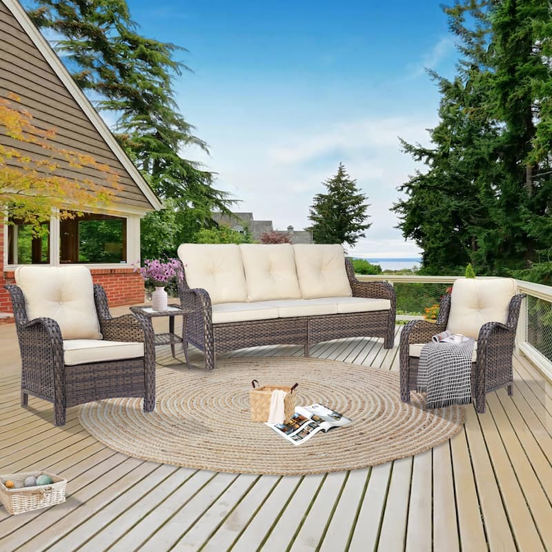 Outdoor Brown Wicker Patio Furniture Seating Sets with Beige Cushions - 4 Piece